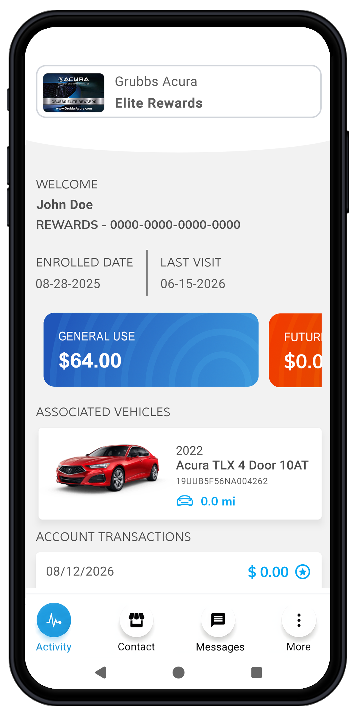 Grubbs Acura app, member activity screen